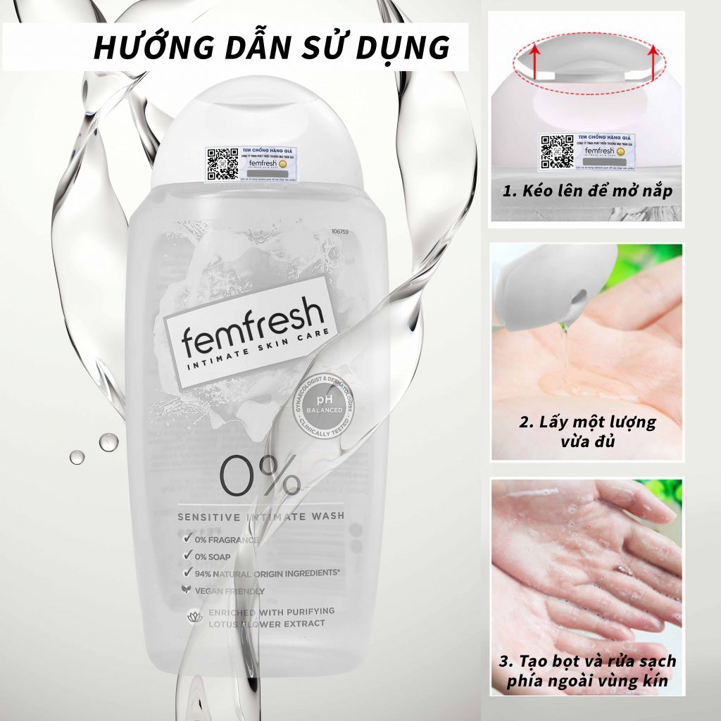 Dung dịch vệ sinh phụ nữ cao cấp cho da nhạy cảm Femfresh 0% Sensitive Intimate Wash 250ml