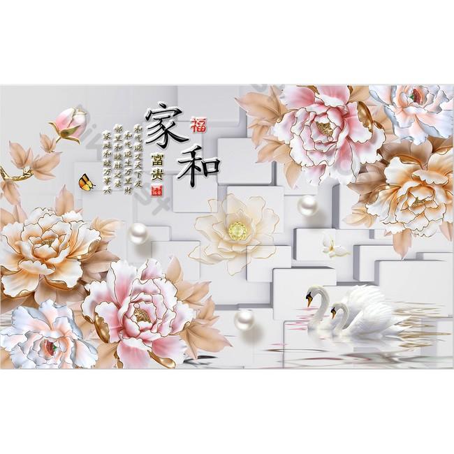 Tranh dán tường Hoa mẫu đơn phong phú hiện đại, tranh dán tường 3d hiện đại MS1171406