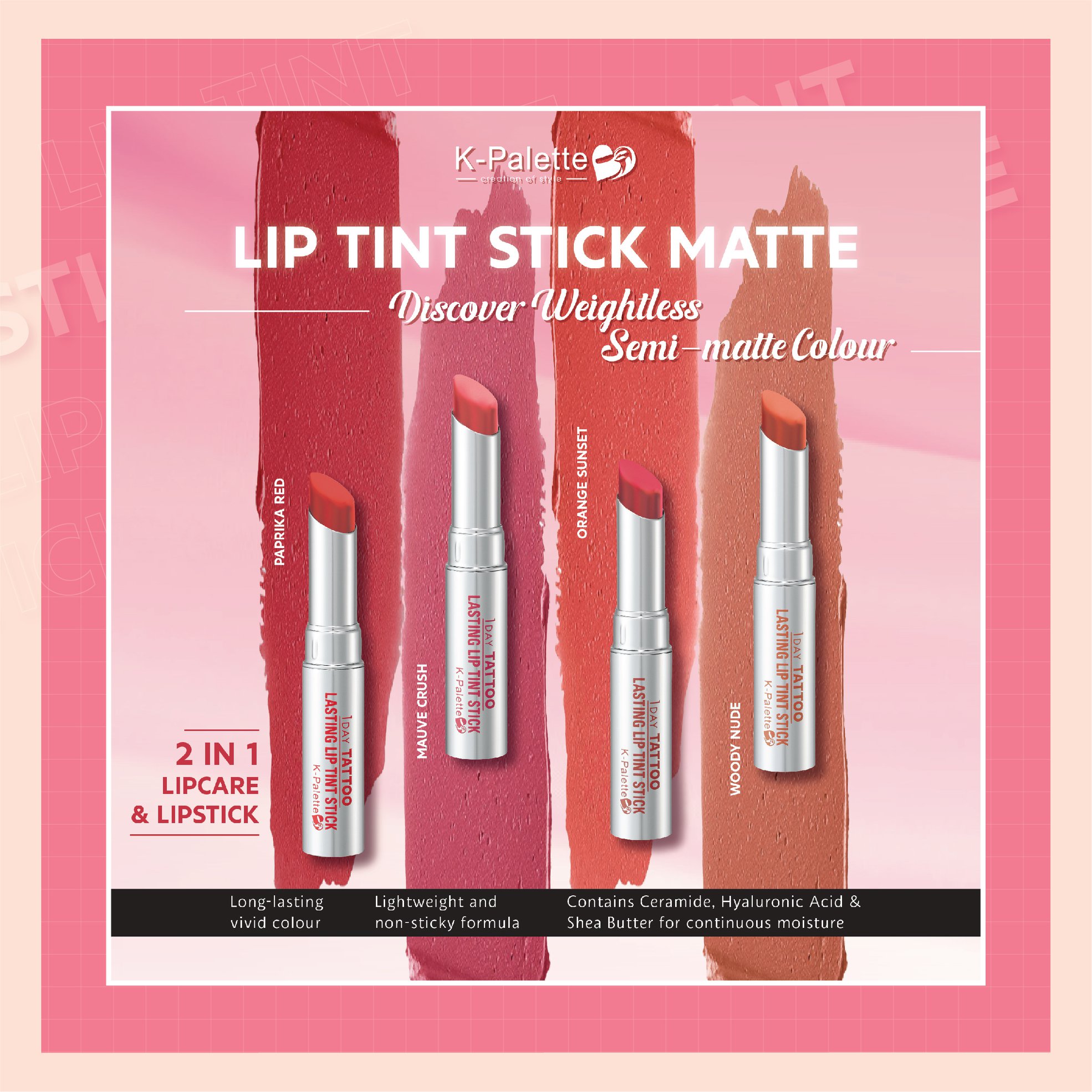 Son Môi Bán Lì Dưỡng Ẩm K-Palette Lasting Lip Tint Stick a Nhật Bản, Màu Đều, Tươi Tắn, Mịn Môi, Tông Đỏ Tươi, Hồng Trầm, Cam Đỏ