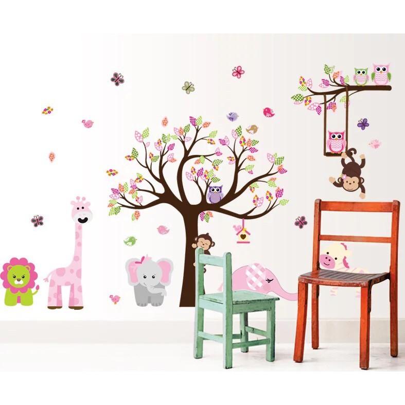 Decal trang trí tường Cây và Thú hồng cho Bé