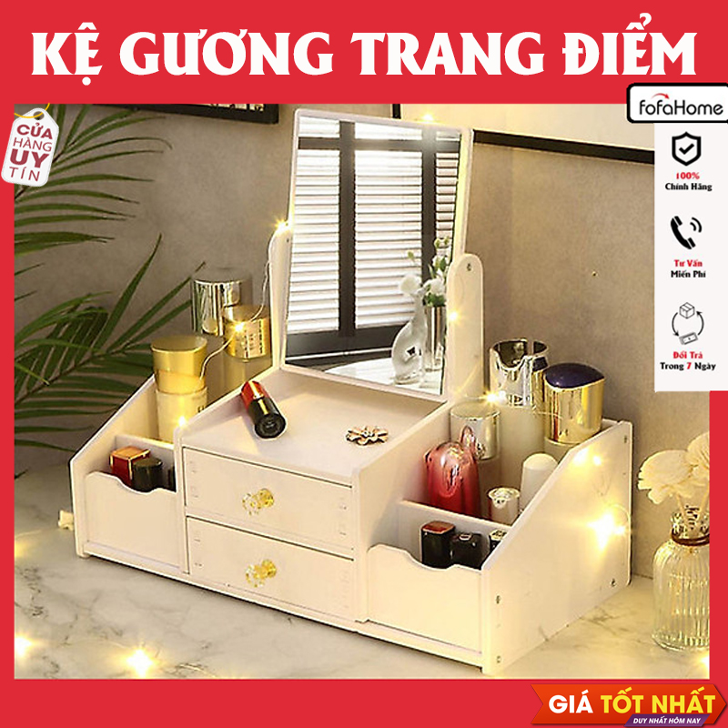 Kệ Đựng Đồ Mỹ Phẩm Đa Năng Có Gương Trang Điểm 2 Ngăn Kéo Và 4 Hộc Đựng Đồ Dễ Thương Tự Lắp Dễ Dàng