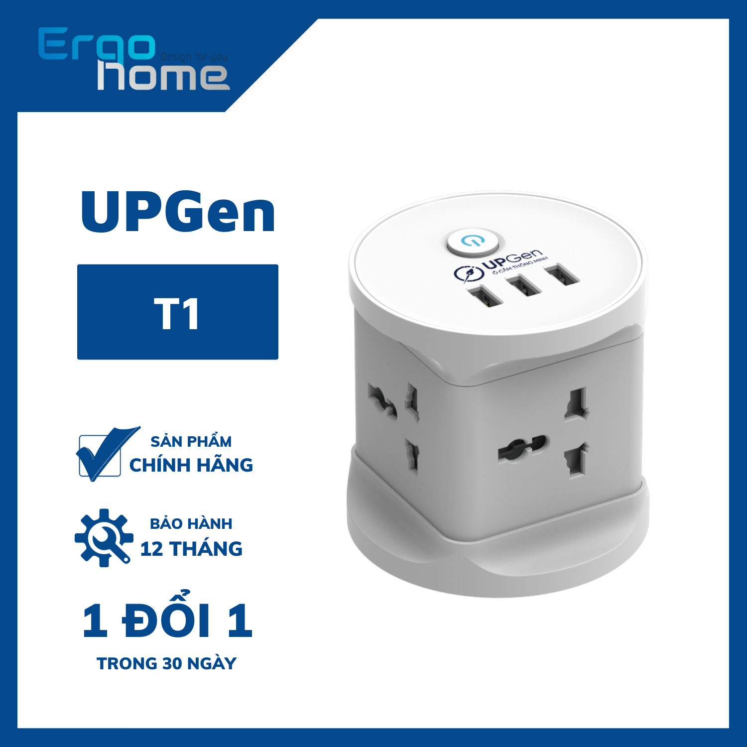 Ô cắm điện đa năng UPGEN T1 ERGOHOME có 3 cổng sạc USB cho điện thoại, 4 ổ cắm chịu tải 2500W, dây điện dài 2.5m, An Toàn, Chống Cháy, Chống Giật, BH 12 tháng