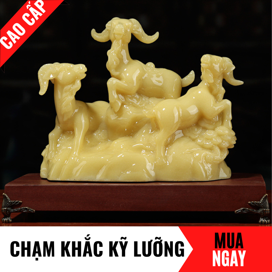 Tượng Dê Tam Dương Trang Trí Phong Thủy Bằng Đá Băng Ngọc Cao 28cm