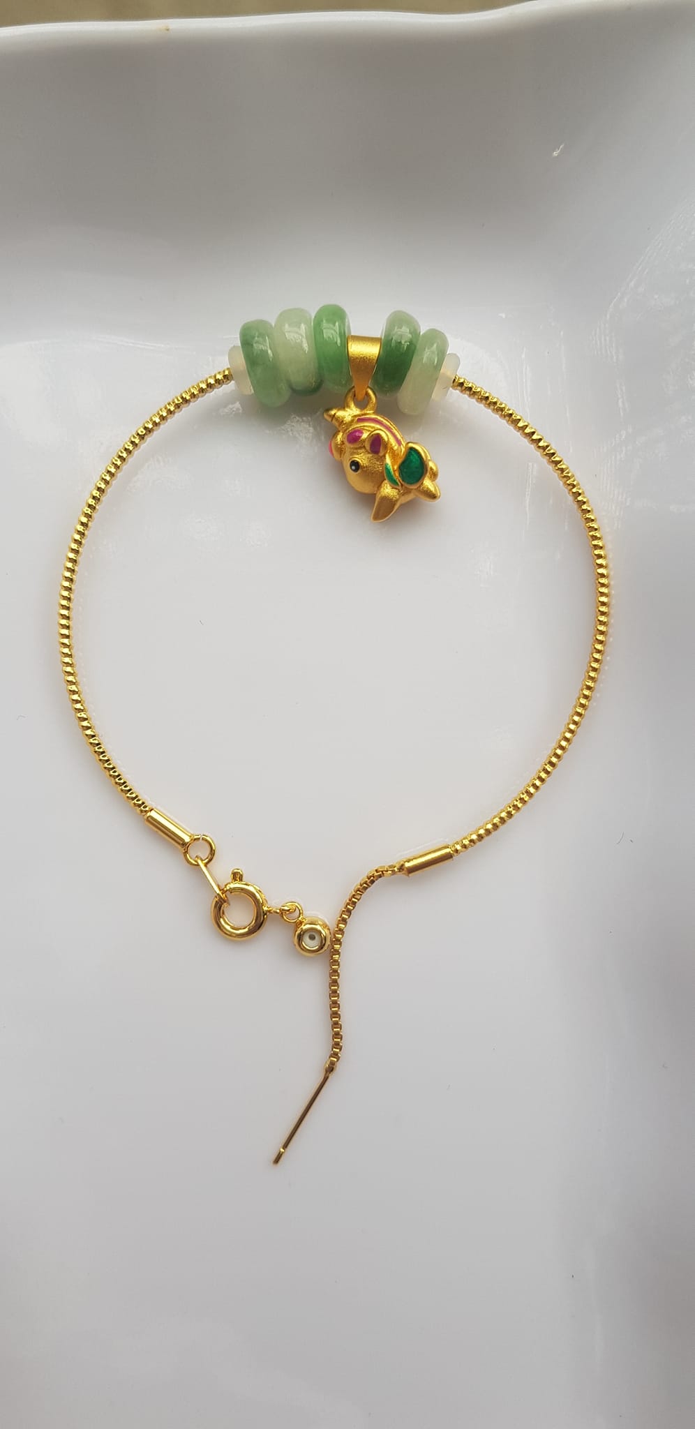 Vòng Tay charm xinh đẹp 5 đồng tiền đá cẩm thạch tự nhiên Đồng tiền Xanh ngọc trắng phối charm chú dê nhỏ may mắn Vòng màu vàng khoen rút xinh Nữ đeo dễ thương ạ