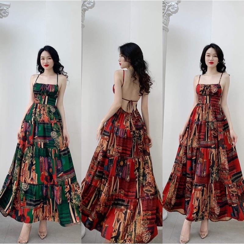 Đầm maxi thổ cẩm hai dây hở lưng đi biển có mút ngực 2 màu