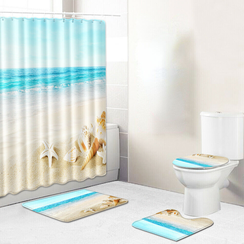 Bộ rèm thảm nhà tắm họa tiết bãi biển 4in1 (Rèm, thảm chân, bệ đỡ chân, nắp bồn cầu