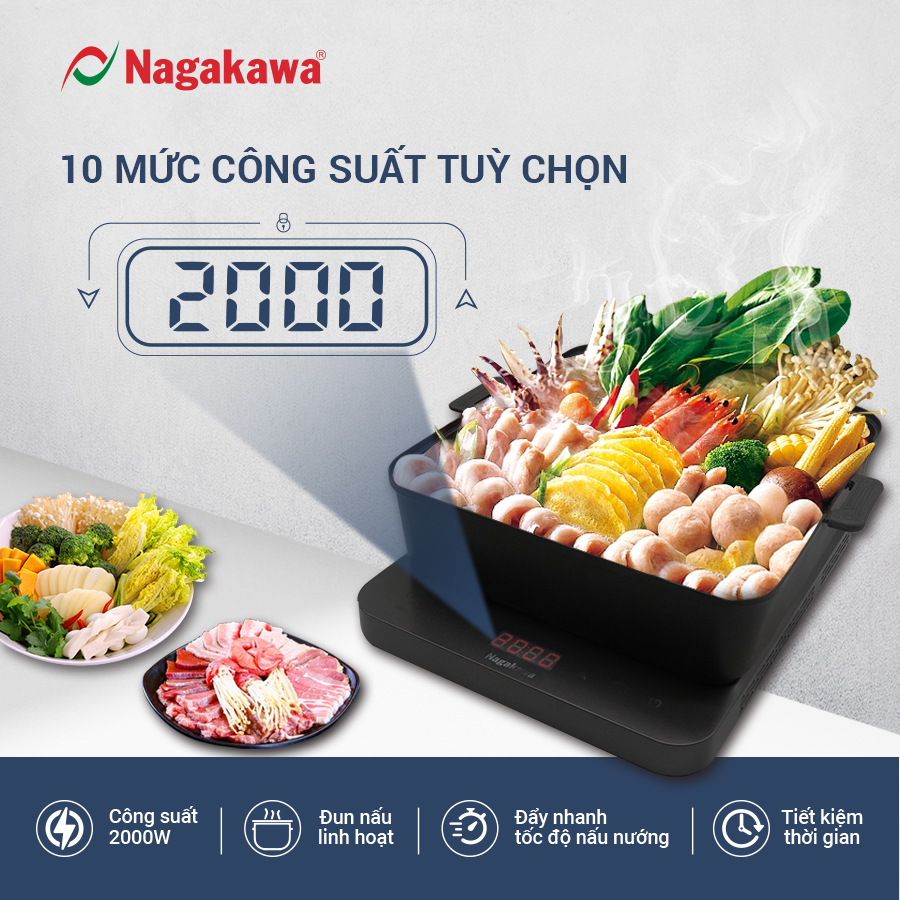 Bếp điện từ đa năng Nagakawa NAG0717 - Kèm nổi lẩu và vỉ nướng chuyên dụng - Hàng chính hãng