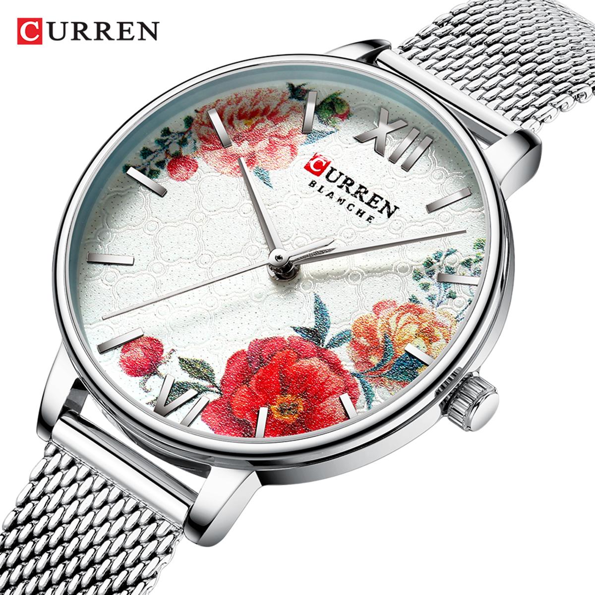 Đồng hồ Nữ CURREN 9060 Quartz Mặt số Hoa Thanh lịch Tinh tế 3ATM Chống thấm nước - Bạc Peony