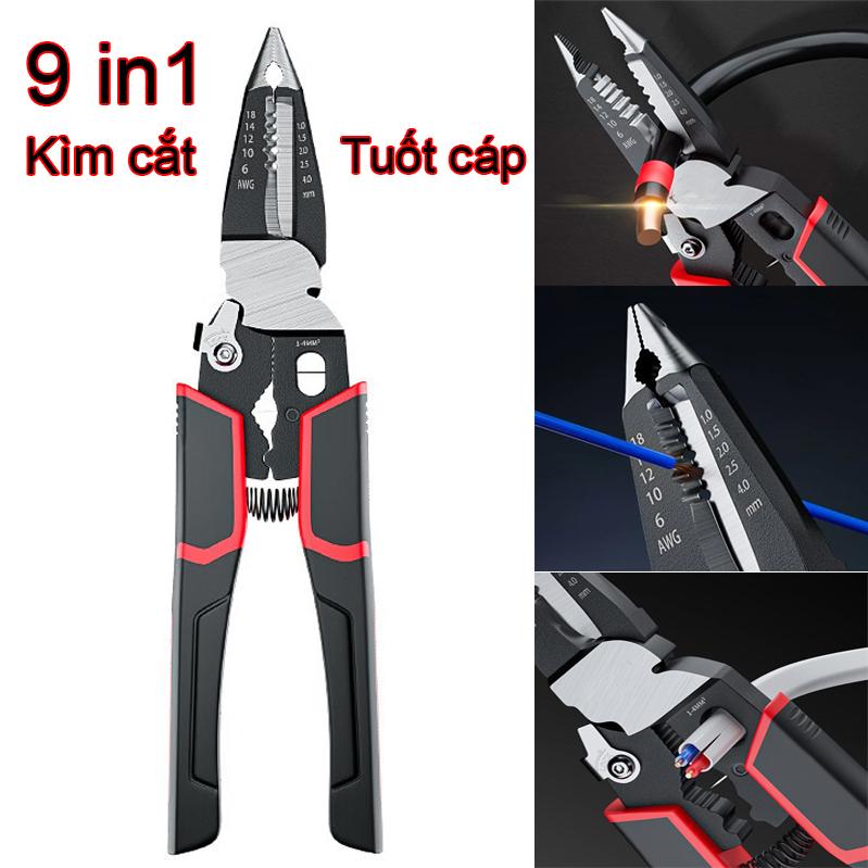 Kìm cắt cáp đa năng 9 trong 1 cắt tuốt cáp dây điện kèm bấm cos có khóa an toàn tay bọc PVC chống trượt cao cấp