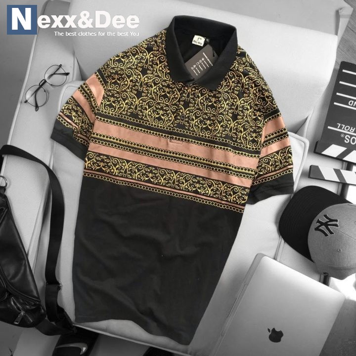 Áo thun cá sấu nam, áo thun polo nam họa tiết có cổ bẻ sọc ngang trung niên ND04