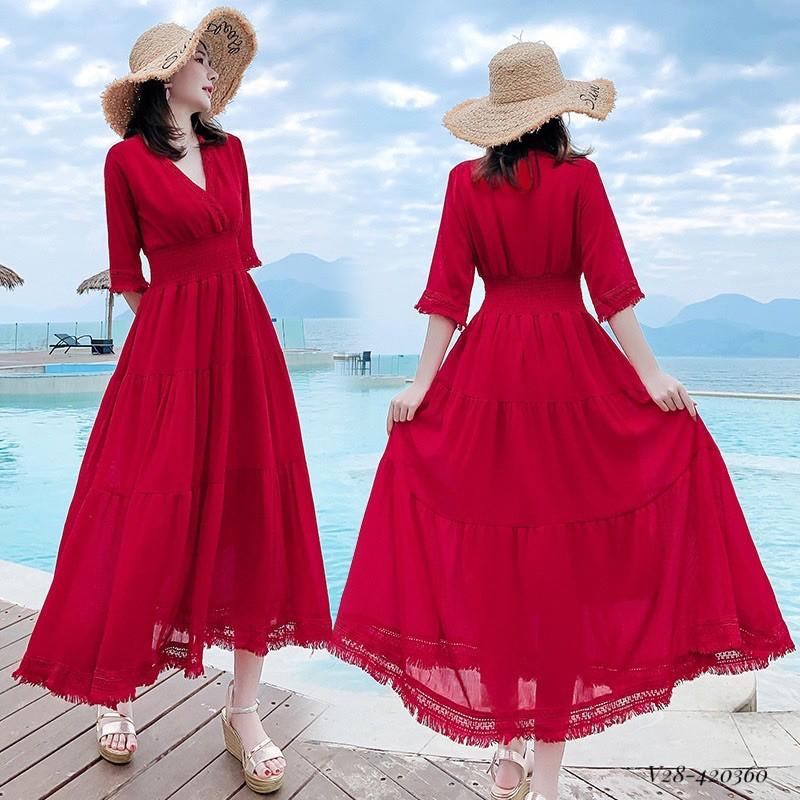 V28 váy retro đỏ cho con bú️ẢNH THẬT
