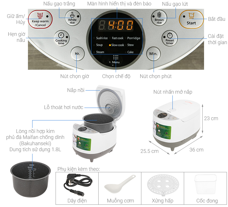 Nồi cơm điện tử Philips HD4515/55 - Hàng Chính Hãng