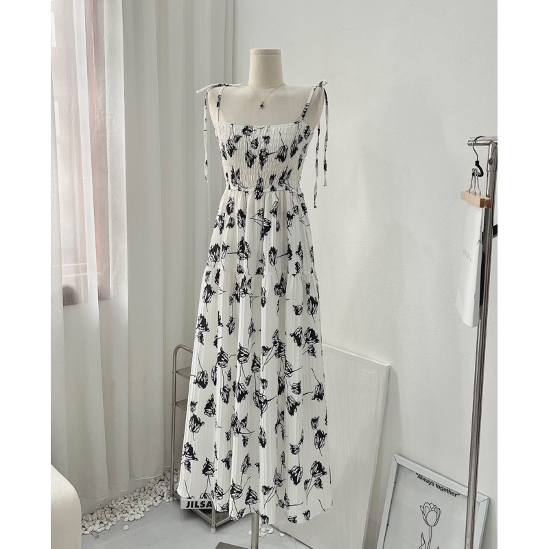 Đầm 2 dây hoa nhí chun ngực dáng dài maxi