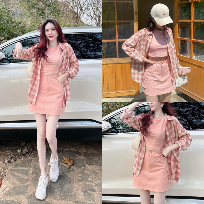 SET ÁO SƠ MI CARO RỘNG + ÁO CROPTOP THUN PASTEL + CHÂN VÁY NGẮN LƯNG CAO TÚI HỘP SUÔNG TRƠN DẠO PHỐ CÔNG SỞ DỰ TIỆC