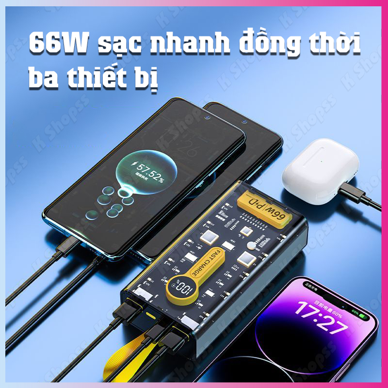 Pin Sạc Dự Phòng trong suốt 20000mAh - 66W - sạc siêu nhanh, tích hợp 4 cáp, 2 cổng usb, sạc cùng lúc nhiều điện thoại - Hàng chính hãng
