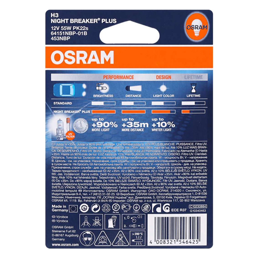 Bộ 2 Bóng Đèn Ô Tô Osram H3 Night Breaker Plus (55W) - Trắng Xanh