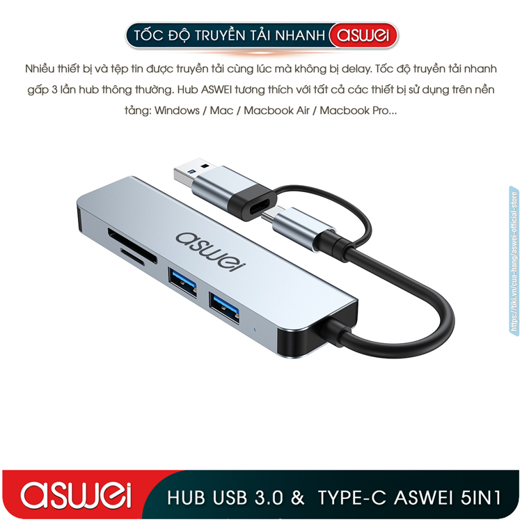 Hub Chuyển Đổi USB Type C ASWEI 5 in 1 To USB 3.0, SD, TF - Hàng Chính Hãng