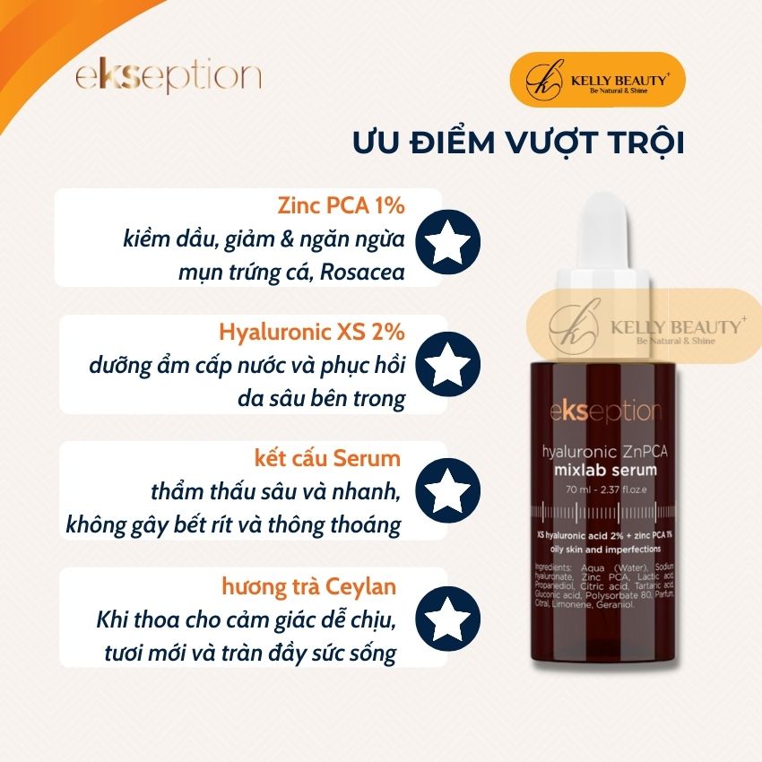 Ekseption Hyaluronic ZnPCA Serum - Kiềm Dầu, Ngừa Mụn Trứng Cá Rosacea; Tăng Đề Kháng, Phục Hồi Da