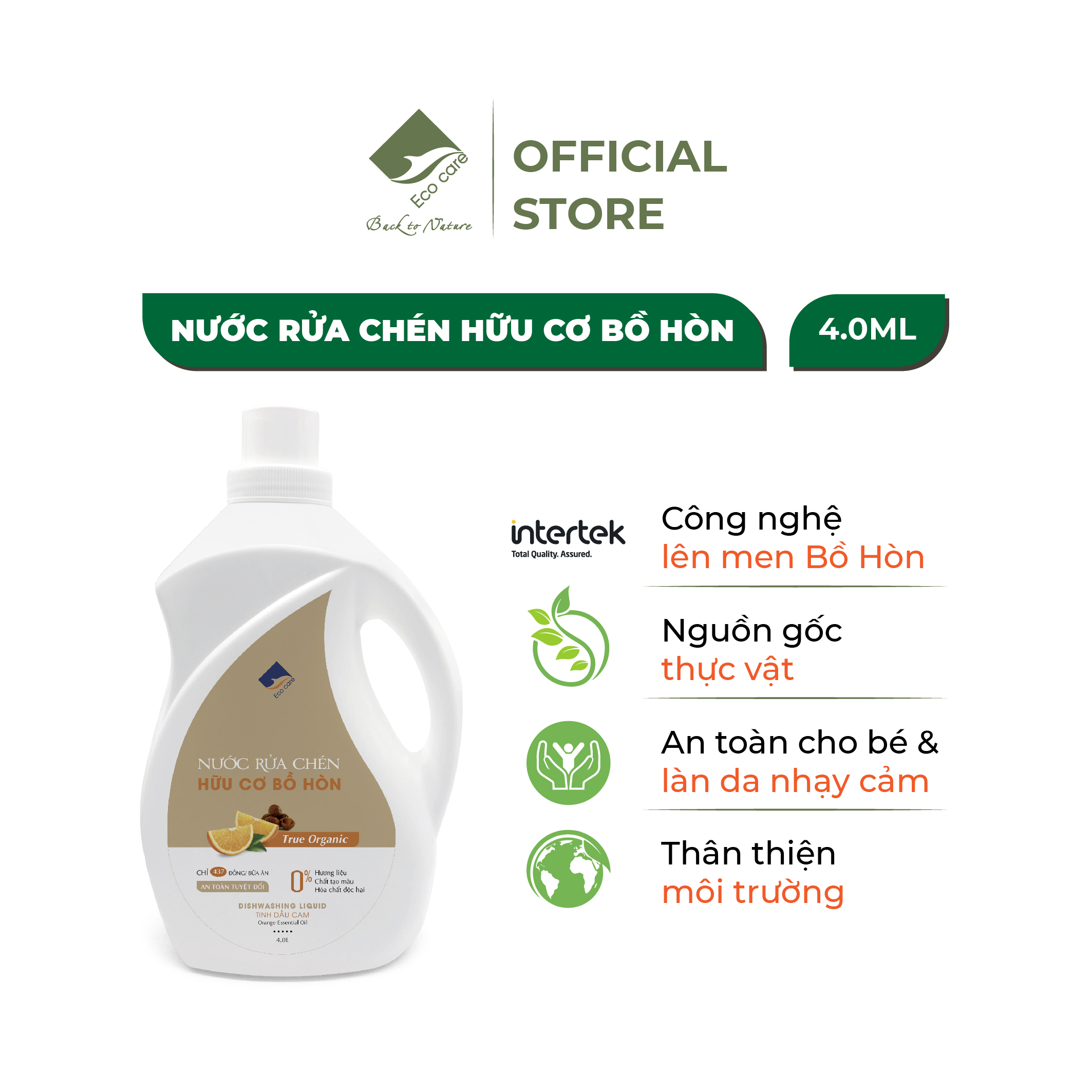 Nước rửa chén hữu cơ Bồ hòn hương Cam 4000ml thương hiệu Ecocare