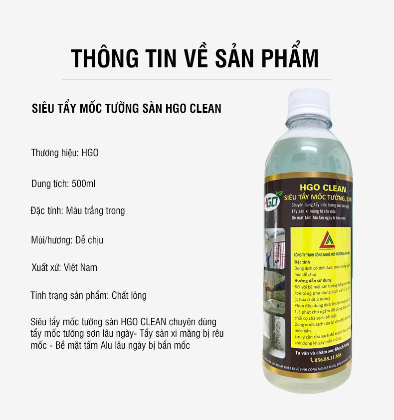 Tẩy mốc tường HGO CLEAN chuyên dùng tẩy mốc tường sơn lâu ngày, sàn xi măng bị rêu mốc, bề mặt tấm alu bị bẩn chai 500ml
