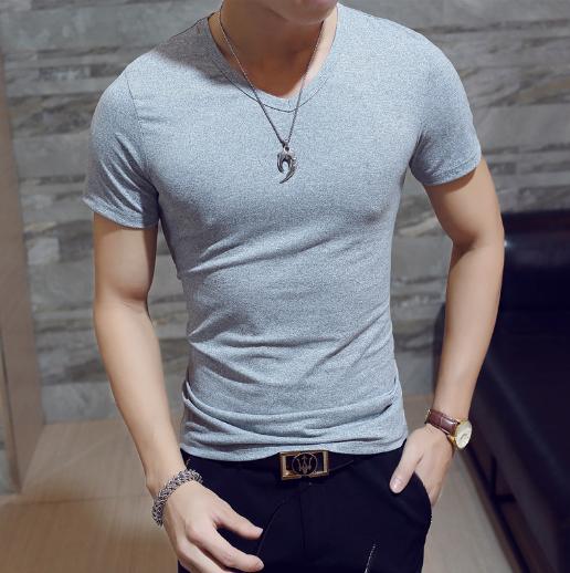 Áo phông nam cộc tay cổ tim chất vải cotton thun lạnh dáng body thấm hút mồ hôi tốt