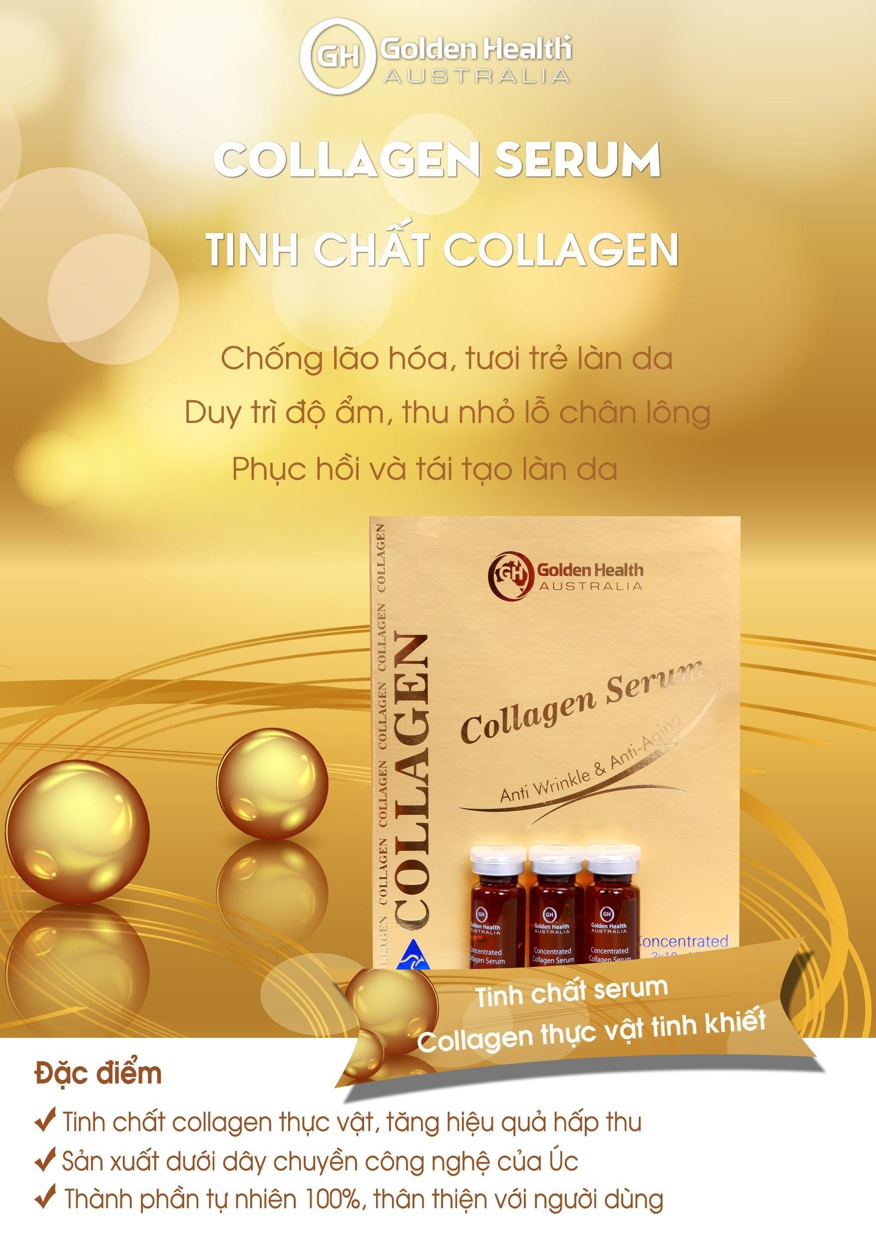 [GOLDEN HEALTH] Serum Collagen Giúp Dưỡng Trắng Da, Làm Mờ Vết Nhăn, Chống Lão Hóa, Cải Thiện Sắc Tố Da - Hộp 3 lọ x 10ml