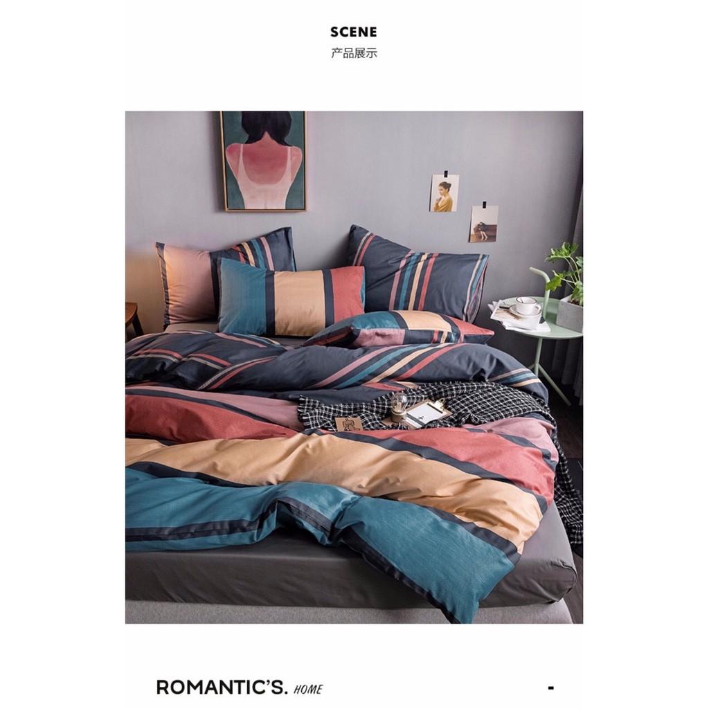 Bộ chăn ga gối Cotton poly M2T bedding, vỏ chăn mền, drap ga giường và 2 vỏ gối - Pl kẻ phối lạ mắt