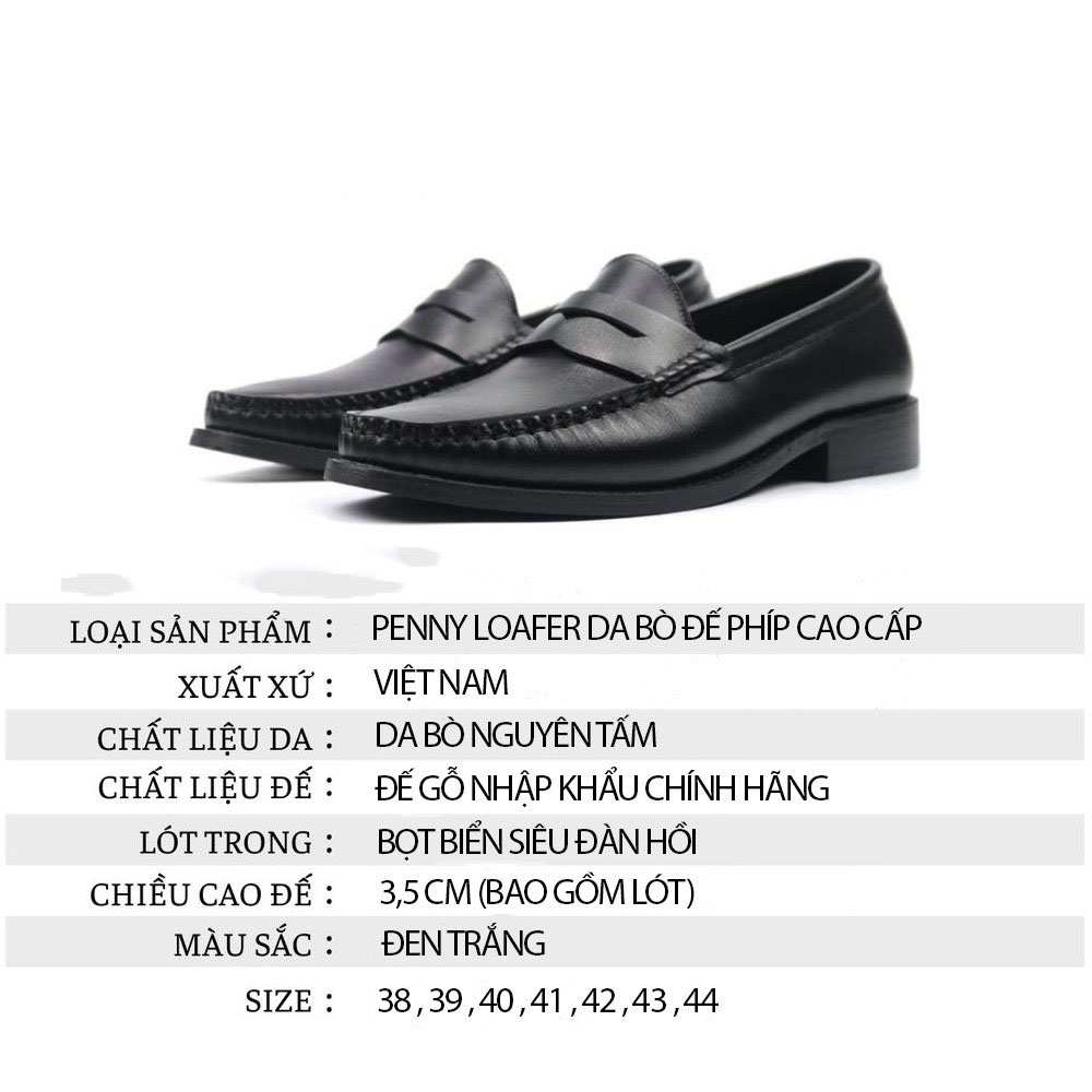 Giày Tây Nam Penny Loafer Black White Da Bò Nguyên Tấm Đế Phíp Cao Cấp