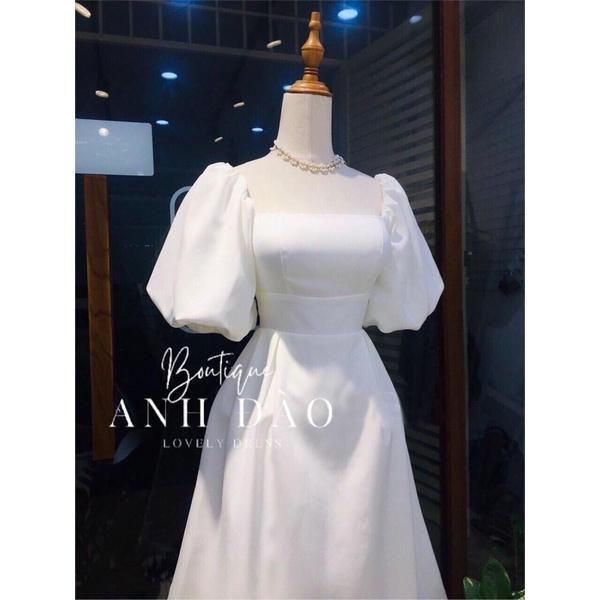 Váy đầm trắng Vintage dáng xòe dự tiệc cổ vuông tay bo bồng dài V121 full size AĐ BOUTIQUE