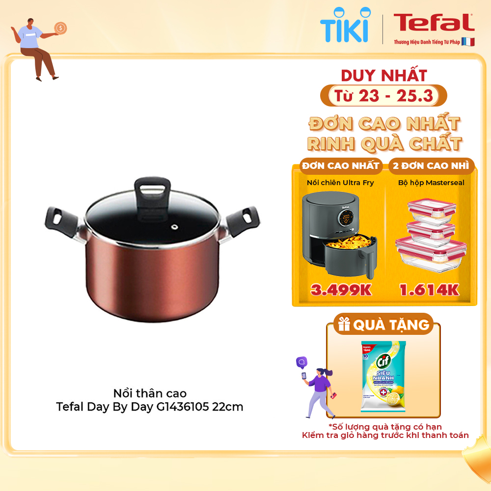 Nồi thân cao Tefal Day By Day G1436105 22Cm - Lớp phủ Titanium nonstick mang lại khả năng chống dính tuyệt vời và độ bền vượt trội - Hàng chính hãng