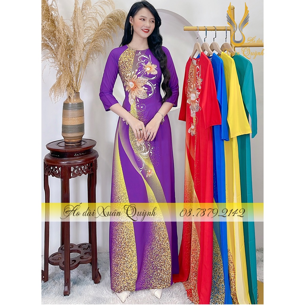 Áo Dài Hoa Kim Cương Phối Dải Chấm Bi Sang Trọng, Lụa Habutai Cao Cấp K97 Tím Huế