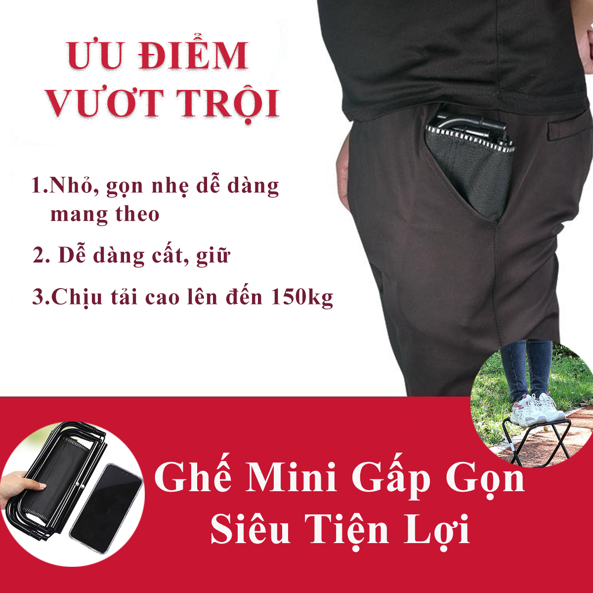 Ghế Mini Gấp Gọn KUNBE Phù Hợp Du Lịch Dã Ngoại Cắm Trại Câu Cá Đợi Chờ Tàu Xe