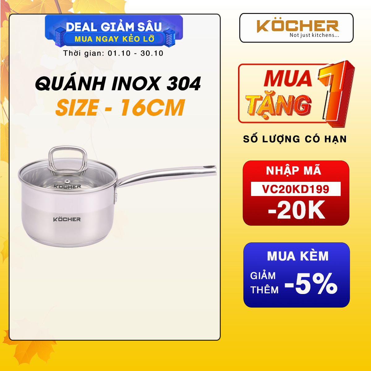 Nồi quánh inox Kocher nấu cháo cho bé có tay cầm inox 304 5 đáy cao cấp size 16cm - Hàng chính hãng