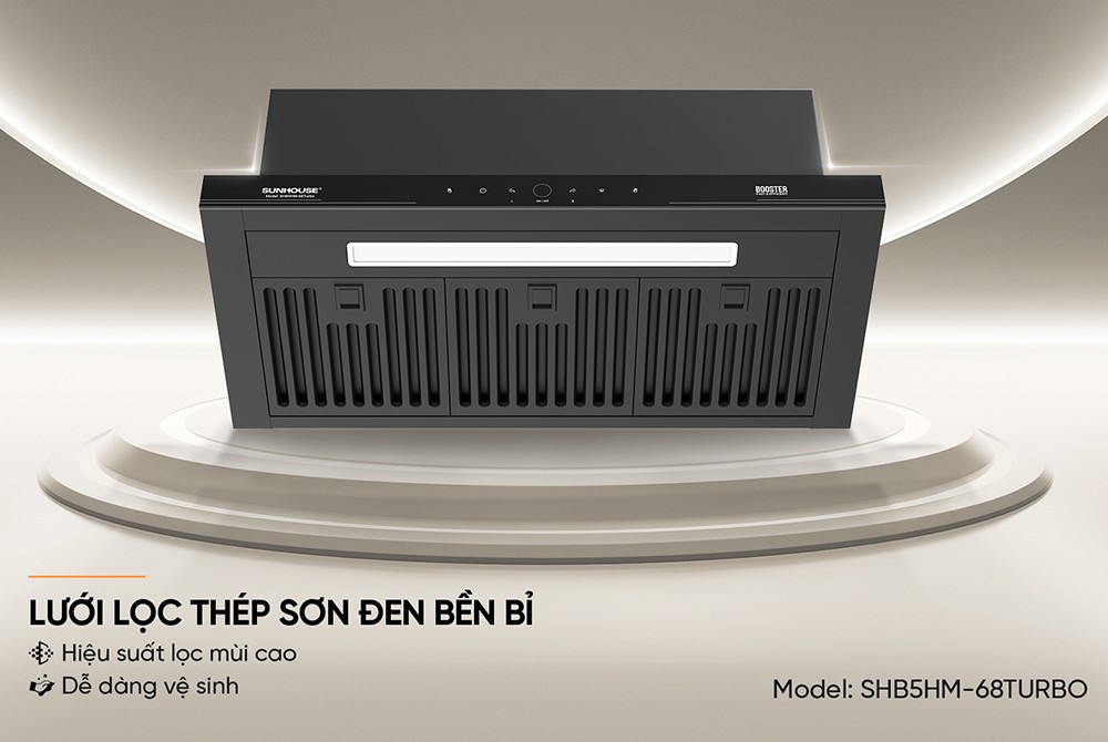 Máy hút mùi âm tủ Sunhouse SHB5HM-68TURBO, Công suất 220W, Chế độ Booster hút cực mạnh 1600m3/h, Công nghệ Ultra-Quiet độ ồn thấp, Điều khiển cảm biến thông minh vẫy tay, Bảo hành 36 tháng tại nhà - Hàng chính hãng