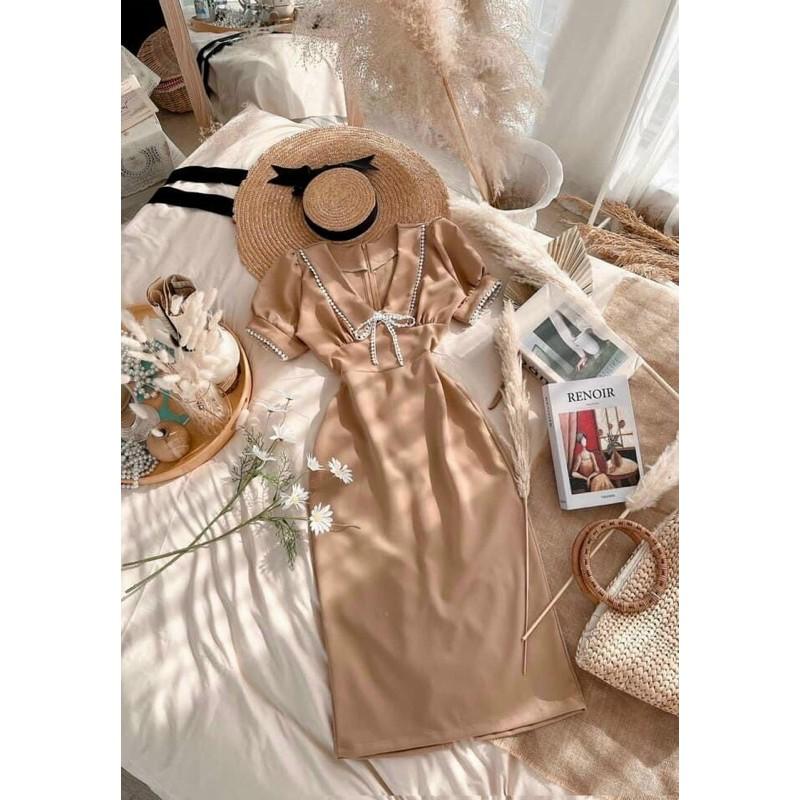 Đầm Midi Nude Viền Ren Nơ Ngực - Kèm Hình Thật