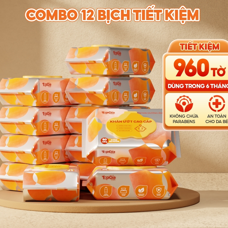 Khăn ướt TopGiaKids thùng 12 bịch an toàn, không cồn, không parabens, không mùi