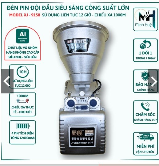 Đèn pin đội đầu siêu sáng XJ 9158 chiếu xa 1000m tích điện 12 giờ đổi 3 màu tặng kèm dây đeo đầu thay thế Đèn đội đầu