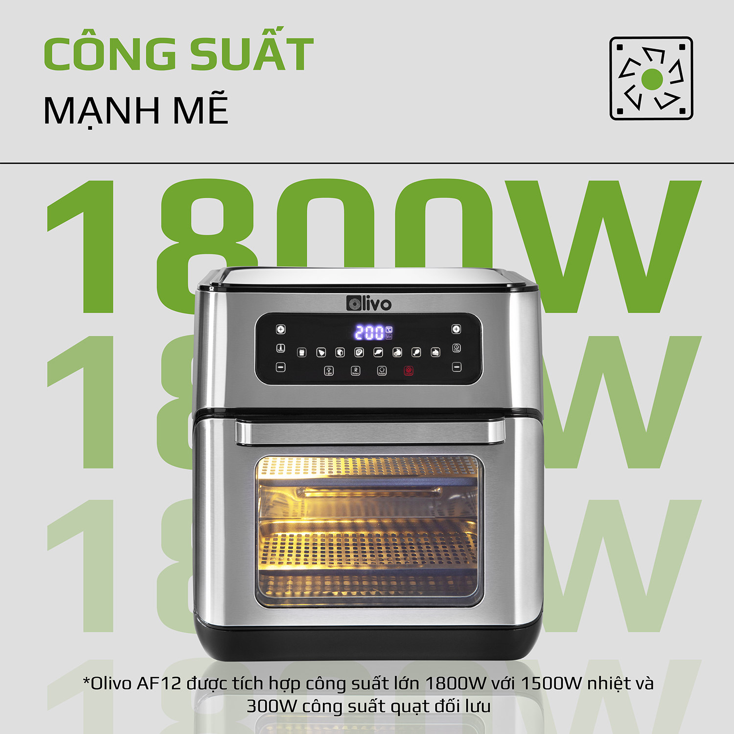 Nồi Chiên Không Dầu OLIVO AF 12 Dung Tích 12L - Công Suất 1800W