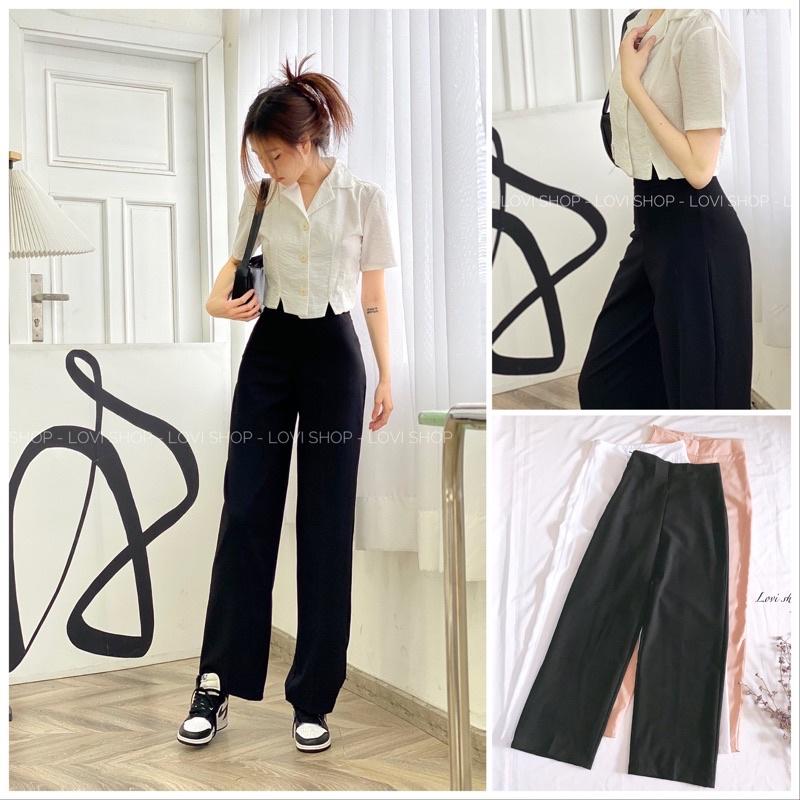 Quần ống rộng nữ culottes khóa kéo hông không túi 3 màu: đen, kem, trắng Lovi