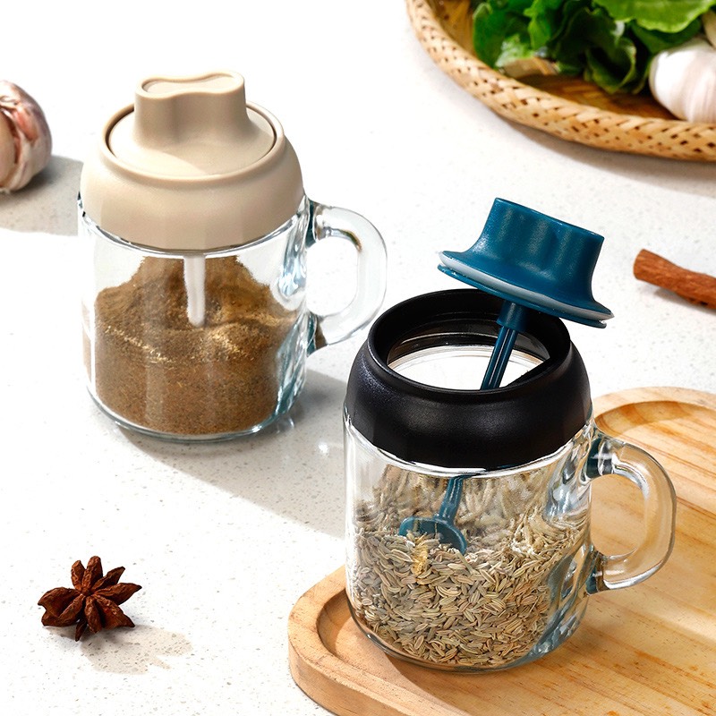 Lọ đựng gia vị hũ thủy tinh có tay cầm dung tích 450ml kèm muỗng thìa cao cấp có nắp kín chống ẩm