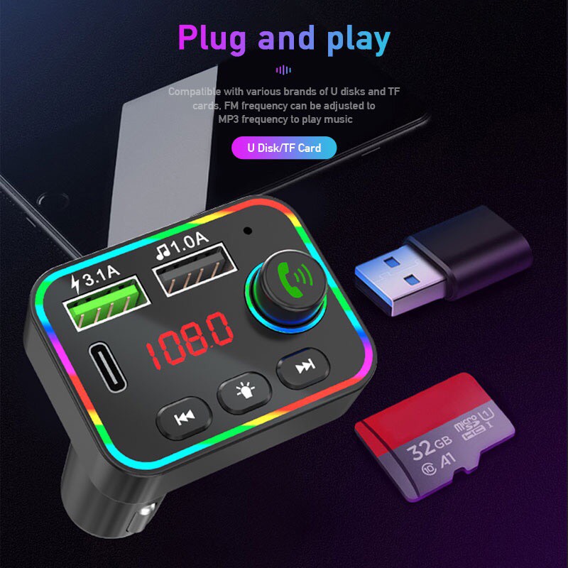 Bộ sạc ô tô, Bộ thu phát FM BT5.0 Máy nghe nhạc MP3 DC12-24V Bộ sạc USB PD kép Bluetooth không dây Rảnh tay với đèn đầy màu sắc