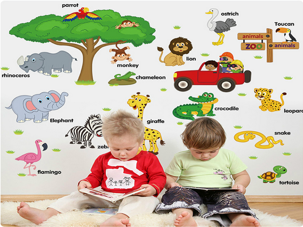 Decal dán tường cho bé thú tiếng anh sk9084