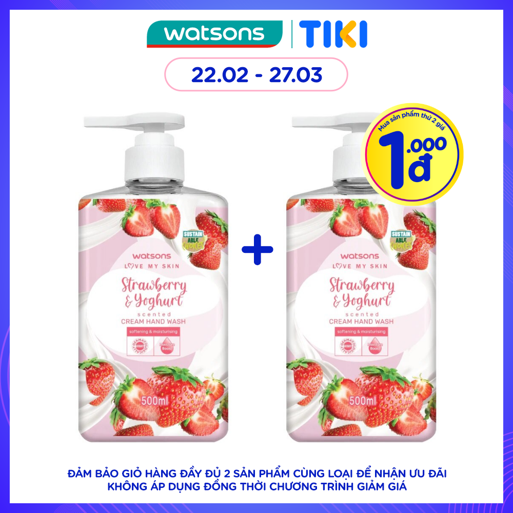 Kem Rửa Tay Watsons Love My Skin Strawberry Yoghurt Scented Cream Hand Wash 500ml