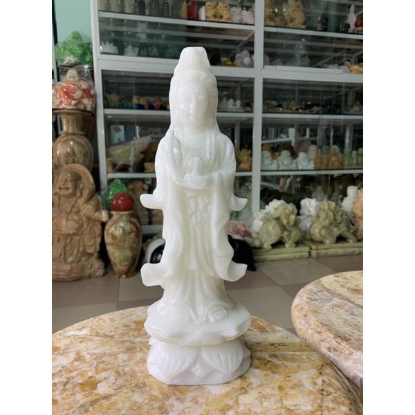 Bộ Tượng Tam Thế Phật Đứng Đài Sen Đá Cẩm Thạch Trắng - cao 31.5cm