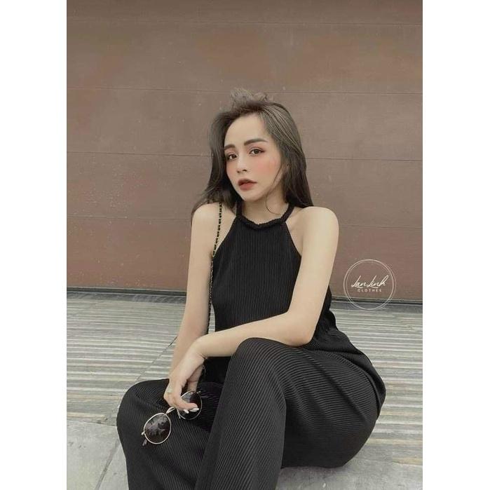 Set bộ đồ nữ dập ly cổ yếm kết hợp quần ống rộng xinh xắn, đơn giản dành cho các nàng ở nhà, dạo phố