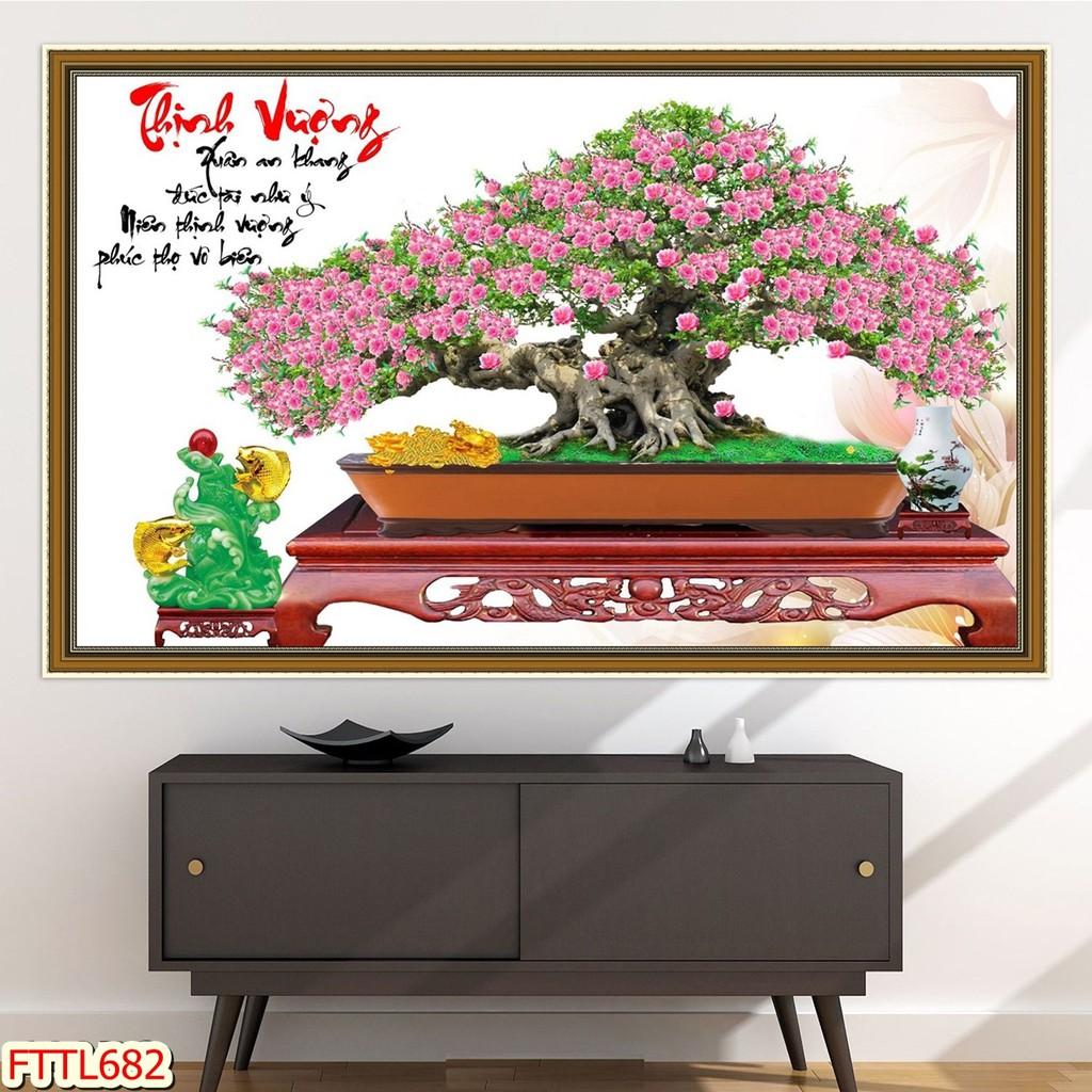 Tranh dán tường Tranh tết 2021 Tranh thư pháp Chậu Bonsai - hoa mai 14, Tranh dán tường 3d hiện đại (tích hợp sẵn keo)