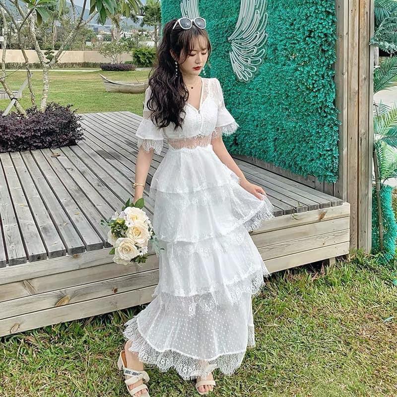 Đầm Maxi đi biển váy đi biển tầng phối ren có ảnh sànđi chơi đi tiệc đám cưới, du lịch sang chảnh cao cấp PVC