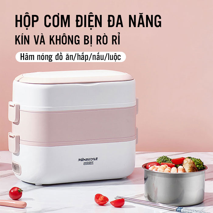 Hình ảnh Hộp Cơm Văn Phòng Cắm Điện 3 Tầng Hộp Cơm Cắm Điện Đa Năng Hâm Nóng Và Tự Nấu Chín Thức Ăn Với 4 Hộp Inox