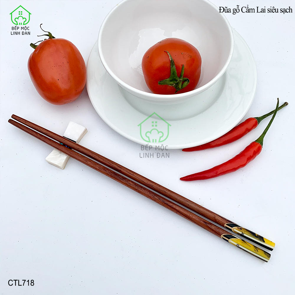 (5 Đôi) Đũa Gỗ Cẩm Lai Tự Nhiên - Đầu Cẩn Thạch Chéo Vân Vàng [CTL718-5]