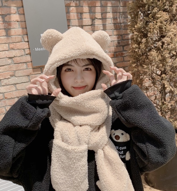 Mũ khăn quàng cổ mũ lông gấu có găng tay thời trang siêu dễ thương giữ ấm dành cho nữ